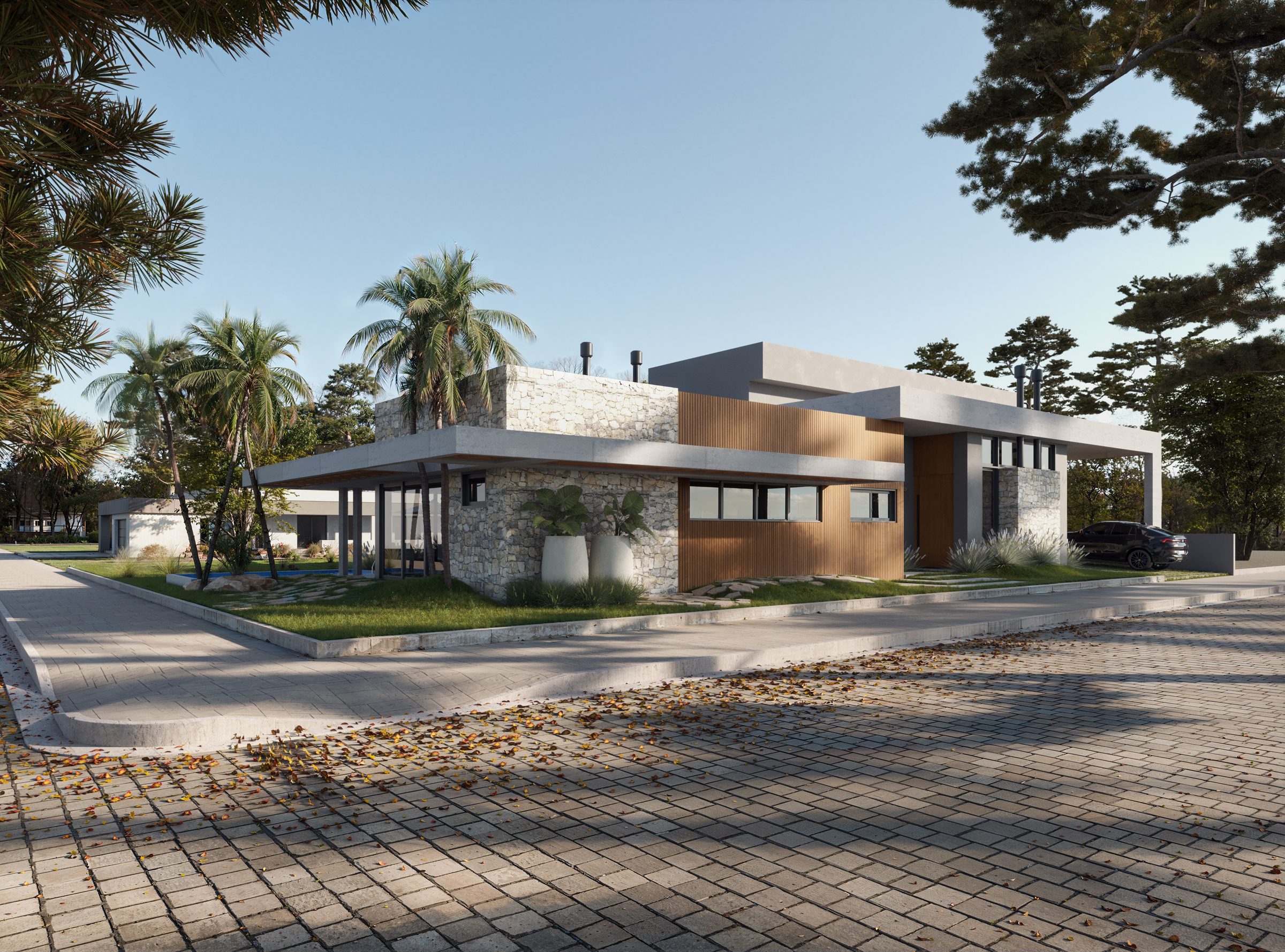 Casa Moderna em Pedra e Madeira – Renderização Residencial Externa