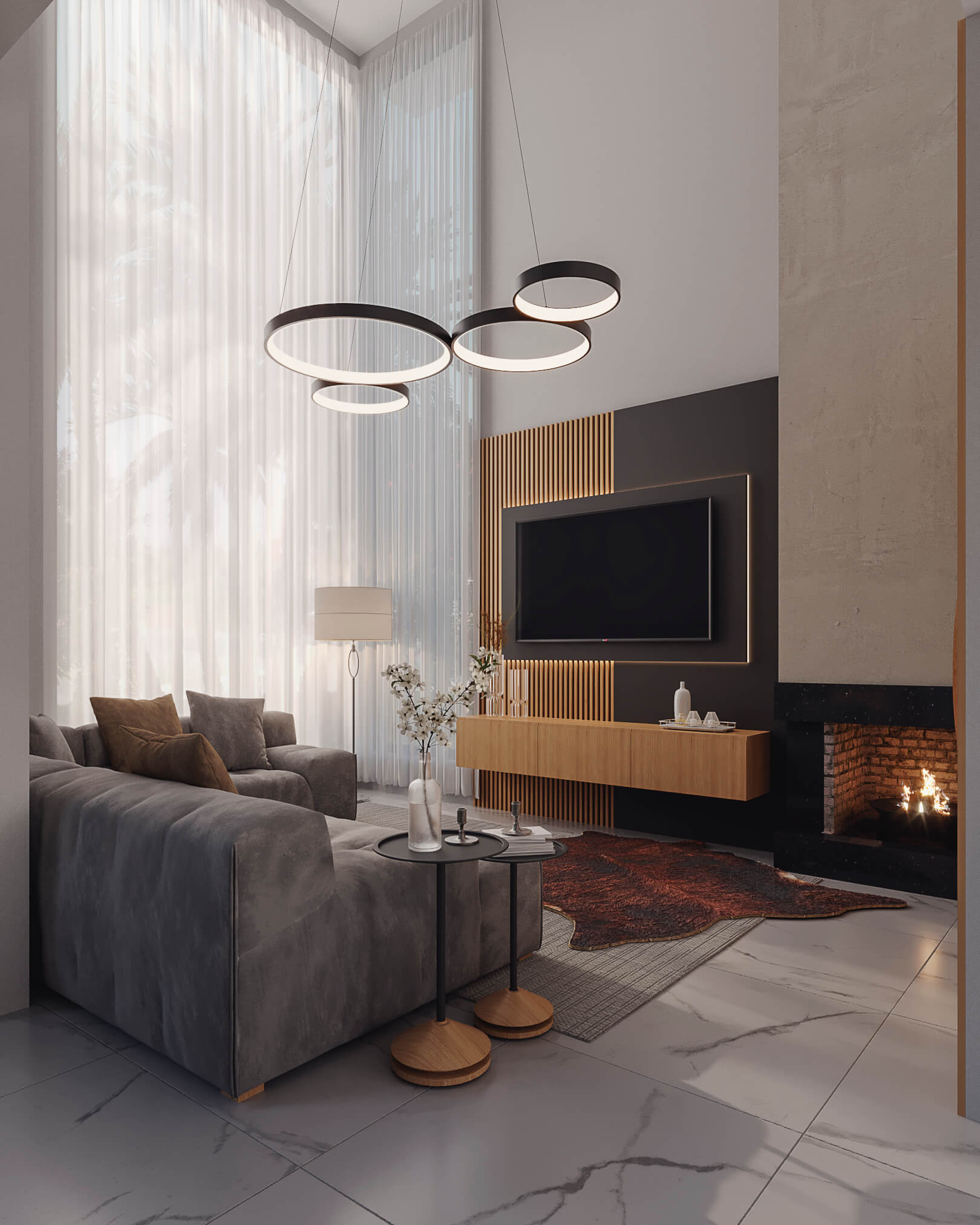 Thiago House – Double-Height Living Room Rendering